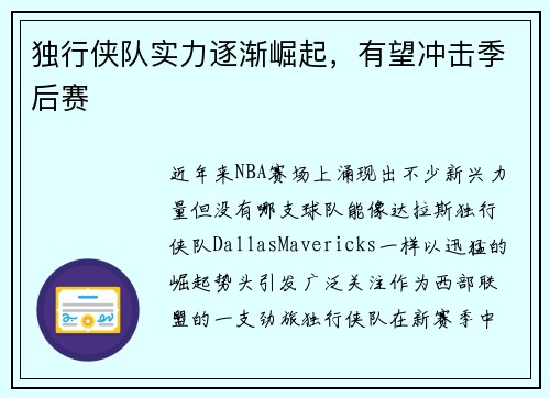 独行侠队实力逐渐崛起，有望冲击季后赛